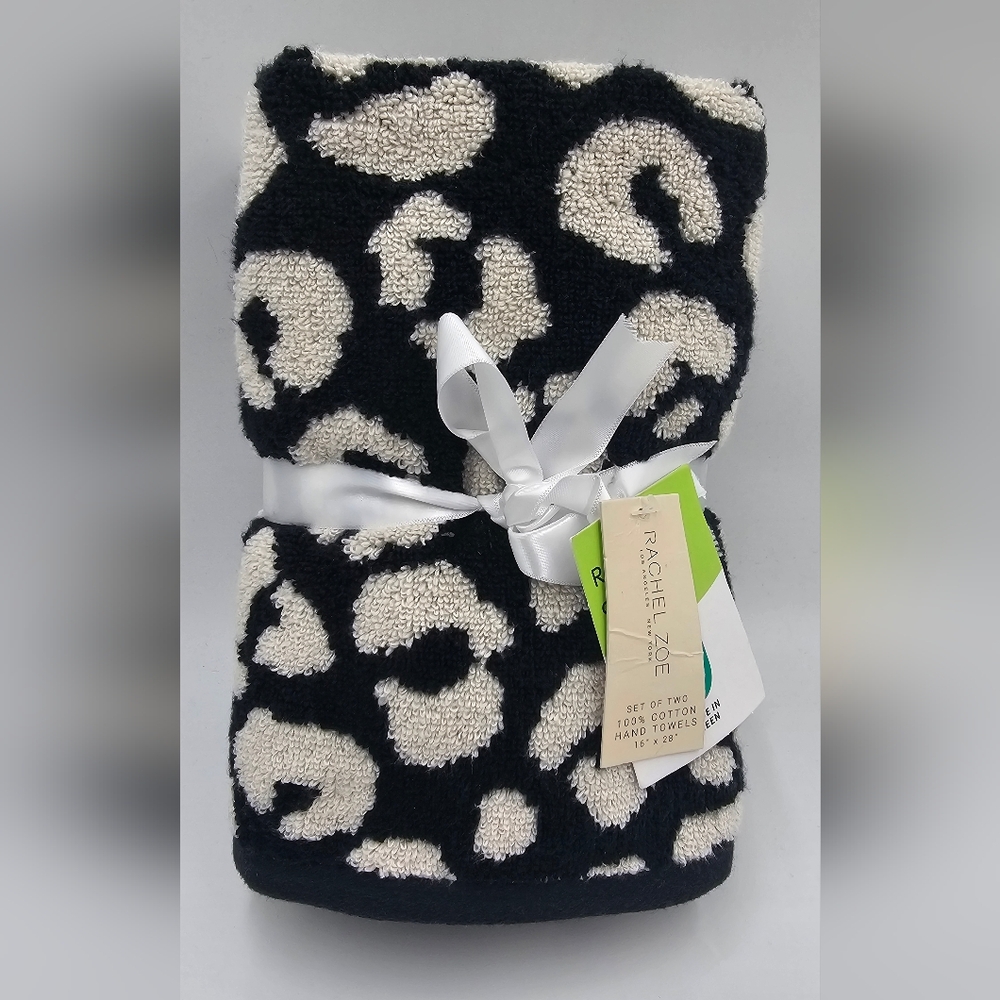 Rachel Zoe 2 Piece Leopard Print 100% Cotton Hand Towel Set Black White OEKO TEX